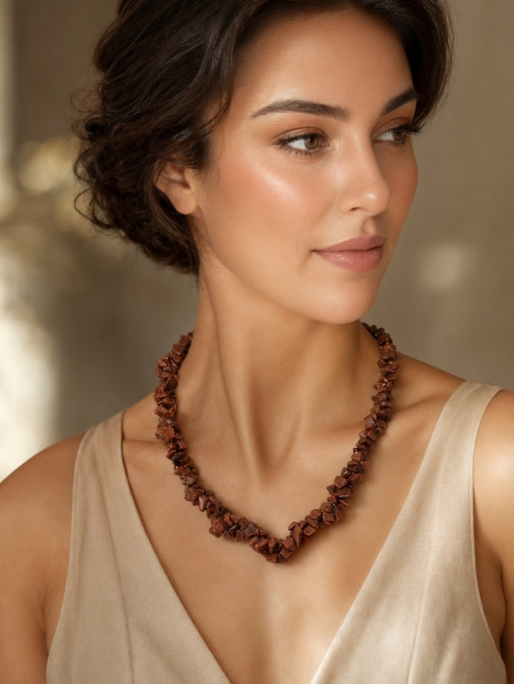 ✨ Vintage Handmade Goldstone Chip Necklace – Warm Copper Sparkle ✨
